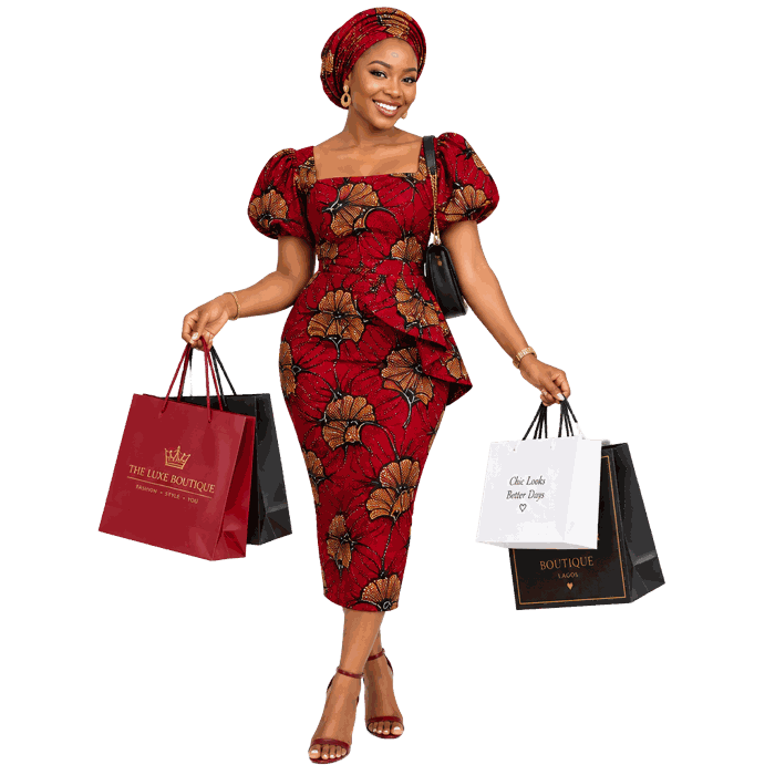 Smiling woman in a JCstore ankara dress holding shopping bags